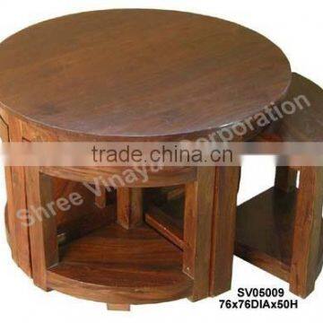 Wooden Coffee table with 4 nested stools