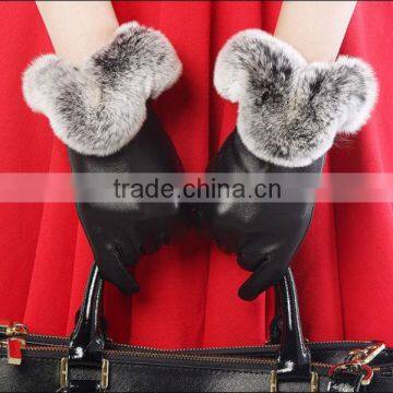 Fashion women winter rabbit fur lined leather gloves