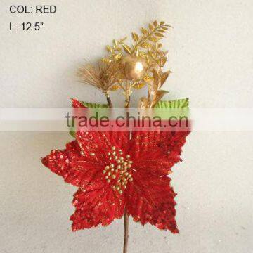 2013 Hot Sale Artificial Christmas Flowers 12.5 Artificial Velvet Poinsettia Pick