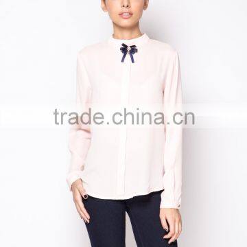 Fashion design western women casual tops long sleeve chiffon blouse with removable brooch