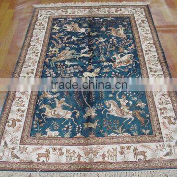 blue colour hunting scene handmade silk wall tapestry silk persian carpet tile in guangzhou