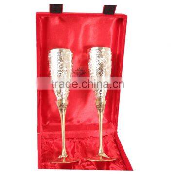 IndianArtVilla Handmade Engraved Silver Plated Brass Premium Goblet Champagne Flutes Wine Glass Set with Gift Packing box