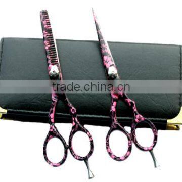 Hairdressing Barber Salon Scissors, Thinning Scissors Set 5.5". Pink Flower