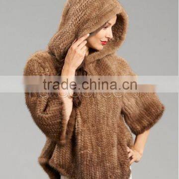 Fashion genuine knitted mink fur coat with hood for women MC05