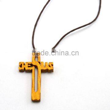 Wholesale carved wood cross JESUS pendant, wax line, religious necklace