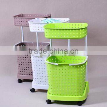 plastic two layers laundry basket bathroom shelves with wheels