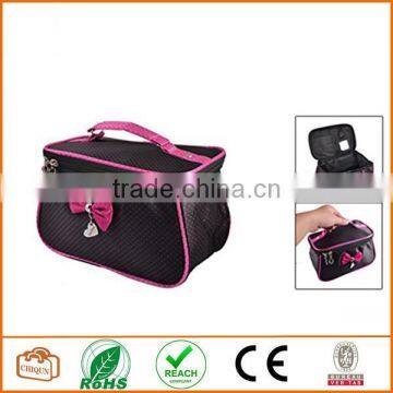 Women Dots Printed Fuchsia Bowknot Decor Zipper Cosmetic Bag Pouch Black photo-2
