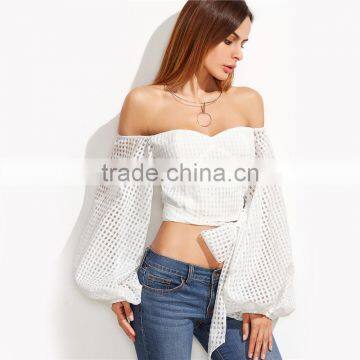 Ladies Sexy Slim Off Shoulder Blouses White Oversize Lantern Sleeve Belted Eyelet Top Blouse photo-5