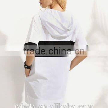 Women's Multi Color Contrast Hooded Oversized Short Sleeve Sweatshirt photo-4