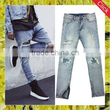 Wholesale streetwear blue ripped damaged skinny trousers mens elastic stretch denim scratch jeans with zipped ankle