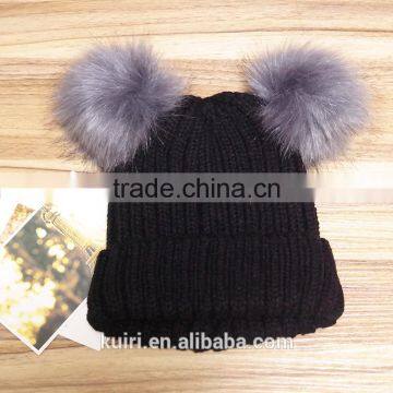 High Quality Cashmere Knitted Hat With Double Fur Poms KR-H010 photo-4