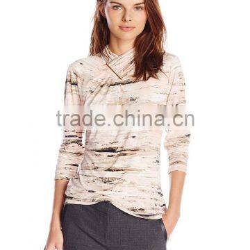 High Neck Ruching full discharged printed long sleeve t shirt
