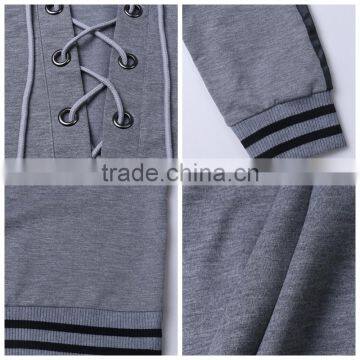 2017 Fashion Gray Lace Up Front Stripe Trims Hoodie for Ladies photo-3