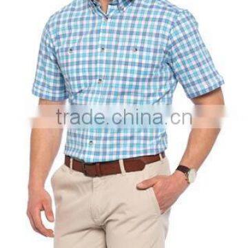 Blue Regular Short Sleeve check Buttoned Men Plaids Casuai Shirt