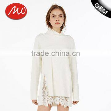 Women's autumn fitted lace bottom long knittting turtleneck sweater tops with lowest price