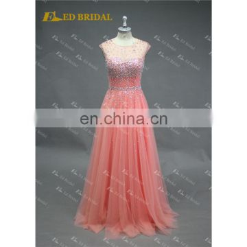 LN143 Real Sample Sexy Open Back Crystal Beaded Coral Color Tulle Floor Length American Prom Dress