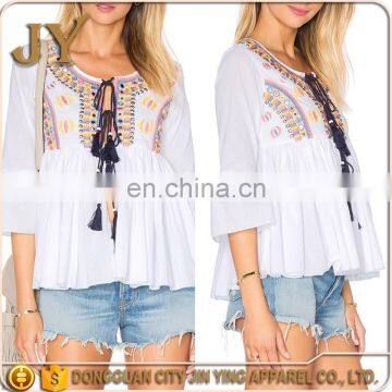 Hotcakes Wholesale Women Boho Embroidered Blouses Front Lace Up Clothing JY-SAE10