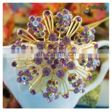 Ladies evening dress rhinestone decoration purple color brooch flower