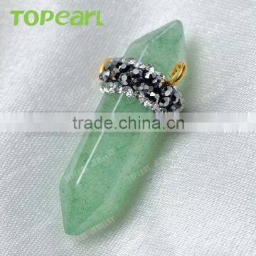 Topearl Jewelry Hexagonal Prism Green Aventurine Pendant Rhinestones Clay Pave Charm Pendant SPW08