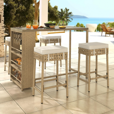 5 Piece Beige Rattan Wicker Bar Set, Patio Dining Furniture, Wine Glass Holder and 4 Bar Stools