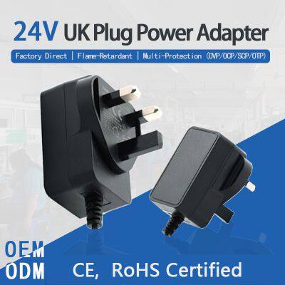 UK Plug 24V Power Adapter, CE, LVD, EMC, ROHS Certified, Charger, 1A, 2A, 3A, DC Power Cord
