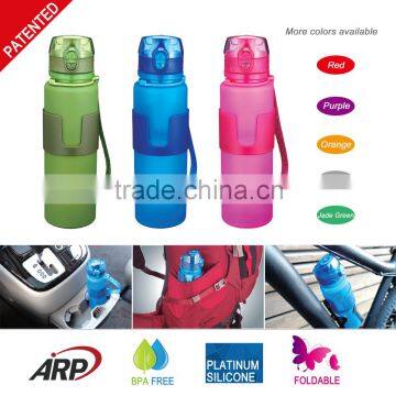 650ml/22oz Platinum Silicone Water Bottle BPA Free Foldable Sports Bottle With 3 Different Lid