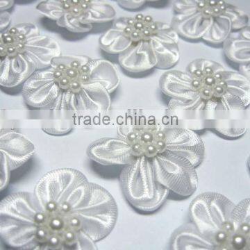 1" diameter approximately Satin+pearl Satin Ribbon Flower w/ Pearls Appliques x 50 White