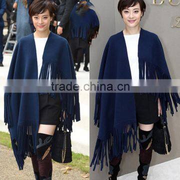 Latest Style Navy Blue Color Tassel Poncho Wool Shawl