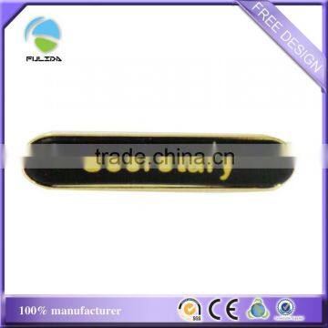 custom long round bar strip dome black gold metal pin badge