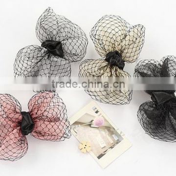 100% Handmade Eyelet Mesh Hair Bow With Chiffon Flower Inside,Nice Design Flower Bow Hair Clip For Thick Hair