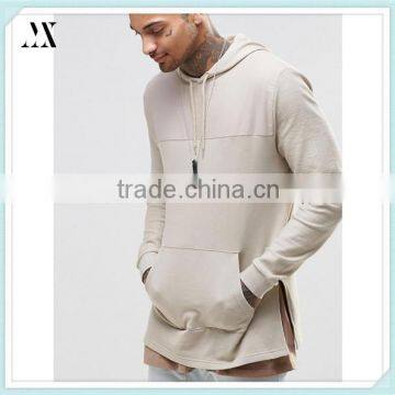 2016 Custom Wholesale Long Line Hoodie With Woven Cut And Sew Custom Hoodie