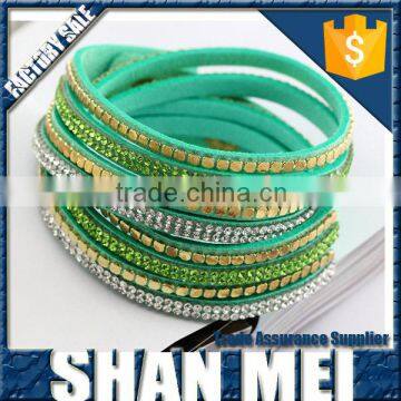 Trendy Snap Rhinestone Leather Bracelet/6 Rows Round