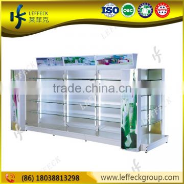 Modern customized shop furniture cosmetic glass display shelves with light bar