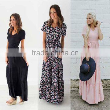 long t-shirt dress v-neck Tie Waist 3 Tiered Ruffle Maxi Dress latest casual dress designs