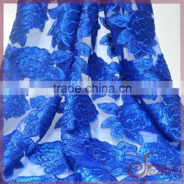 2016 blue lace guipure glitter fabric for evening fancy dress with organza lace with sequins