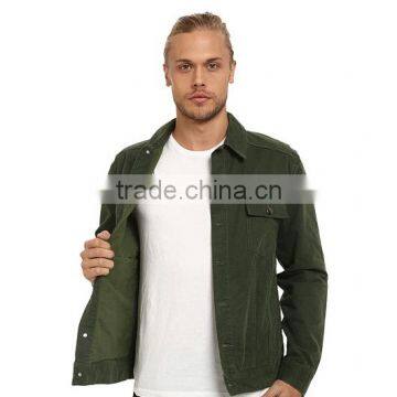 High Quality Green Plain Denim Varsity Jacket Custom Arc-shaped Back Hem photo-5