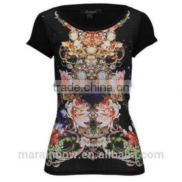 Womens Black Scoop Neck T Shirt Fashion Design Ladies Sublimated T Shirt All over Sublimation Printed T-Shirt