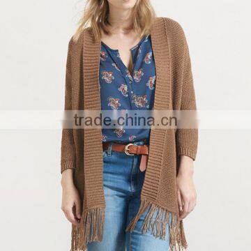 new design custom women plain knitted shawl cardigan with fringe tassels