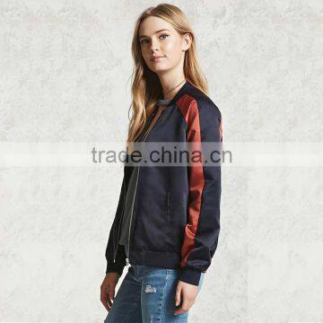 2017 Womens Windproof Satin Contrast Ribbed Knit Trim Bomber Jackets photo-5