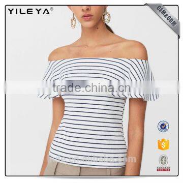 New arrivals fashion striped ruffled trim accordion pleated mature ladies blouse