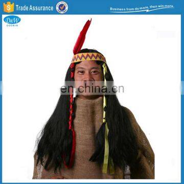 Adult Mens Black Indian Warrior Fancy Dress Wig With Feather Headband