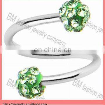 16 Gauge Green Ferido Crystal Ball Spiral Twister Ring piercing jewelry rings