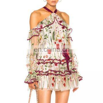 Latest Fashion Dress Designs Pretty Women Long Sleeve Floral Ruffle Casual Dresses With Cold Shoulder photo-3