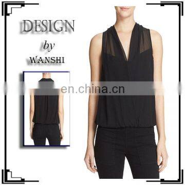 Fashion Faux Wrap Sleeveless Top V-neck Sexy Black Women Shirt and Tank Top