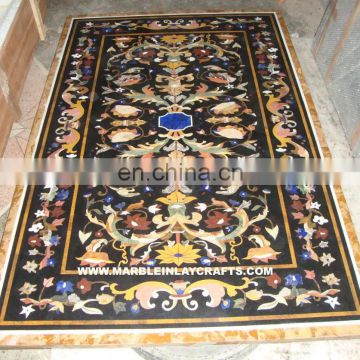 Black Marble Inlay Dining Table Top, Pietra Dura Marble Inlay Table Top