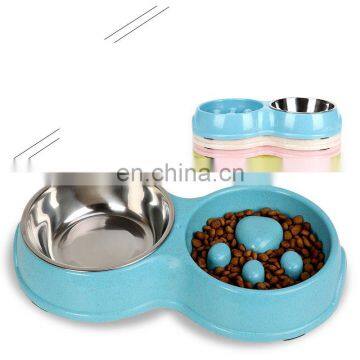 Spot Wholesale Dog Bowl Wheat Straw Slow Food Mothproof Stainless Steel Double Bowl Pet Food Slip Cat Food Basin