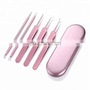 5Pcs Professional Blackhead Acne Pimple Extractor Kit Rose Gold Stainless Steel Remover Clip Needle Tweezers Set Face Skin Care