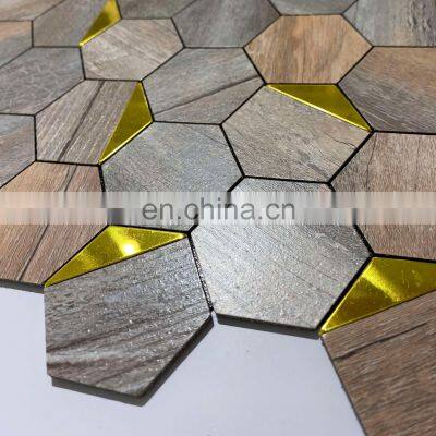 Self-adhesive Aluminum Plastic Mosaic wooden pattern In Hexagon Shape Decoration For Wall