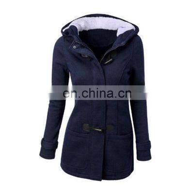 Manufacturer wholesale hooded mid-length women's coat with horns buckle plus size coat