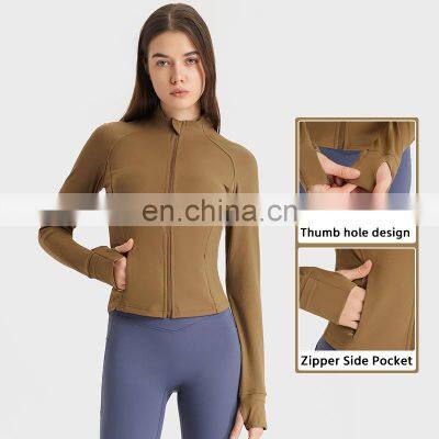 Wholesale Thumb Hole Mesh Stitching Slim Fit Yoga Jacket Women Long Sleeve Full-Zip Gym Fitness Wear Stand-up Collar Clothing photo-3